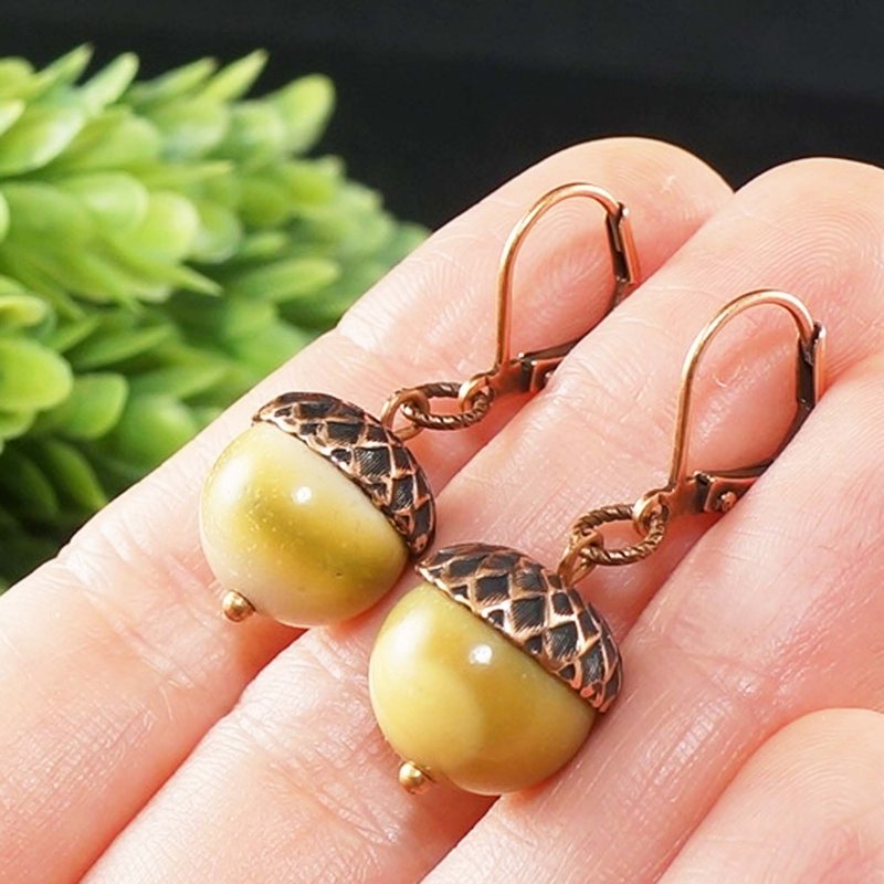 Copper Acorn Mookaite Jasper Forest Nature Statement Round Drop Jewelry Earrings - 耳環/耳夾/耳骨夾 - 半寶石 黃色