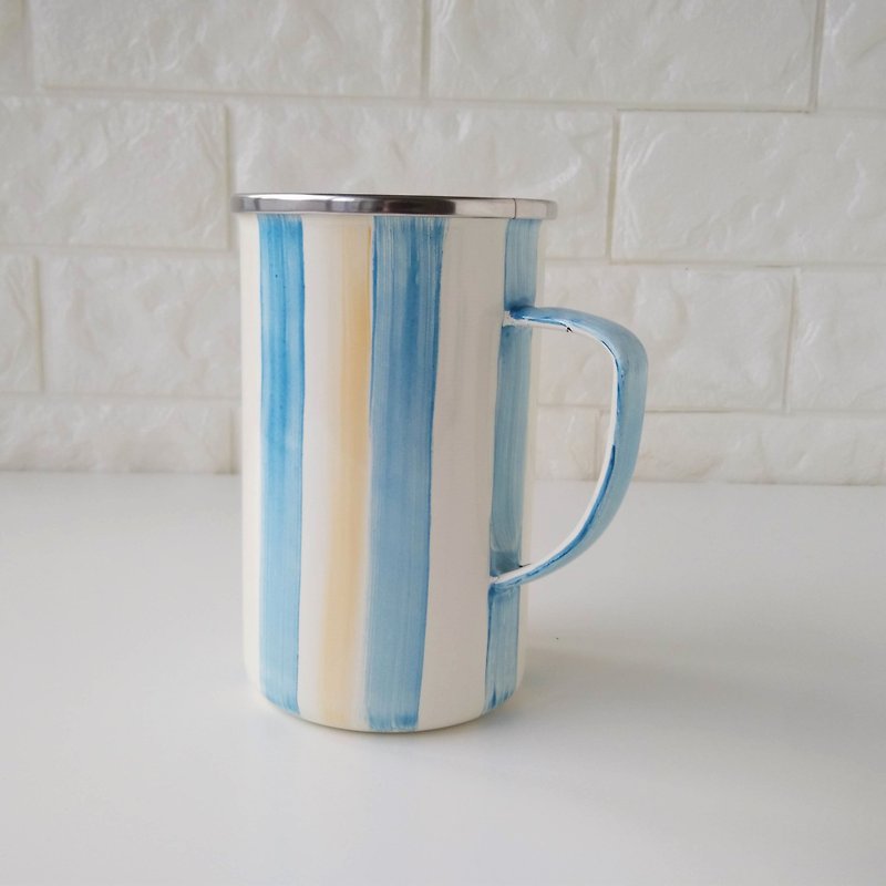 天空藍條紋琺瑯馬克杯 | 650ml - 咖啡杯 - 琺瑯 藍色