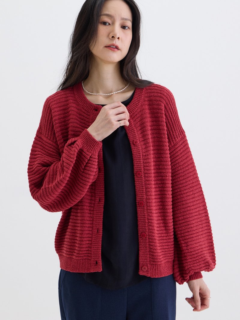 お散歩のお供に パフスリーブニットカーディガン - 紅茶 - ニット・セーター - その他の化学繊維 レッド