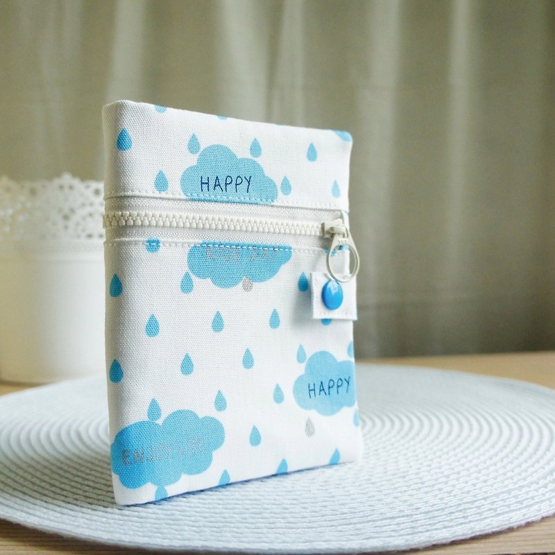 Lovely Japanese cloth [cloud drop rain double zipper multifunctional short clip passport cover] cloth book cover, white - Passport Holders & Cases - Cotton & Hemp White