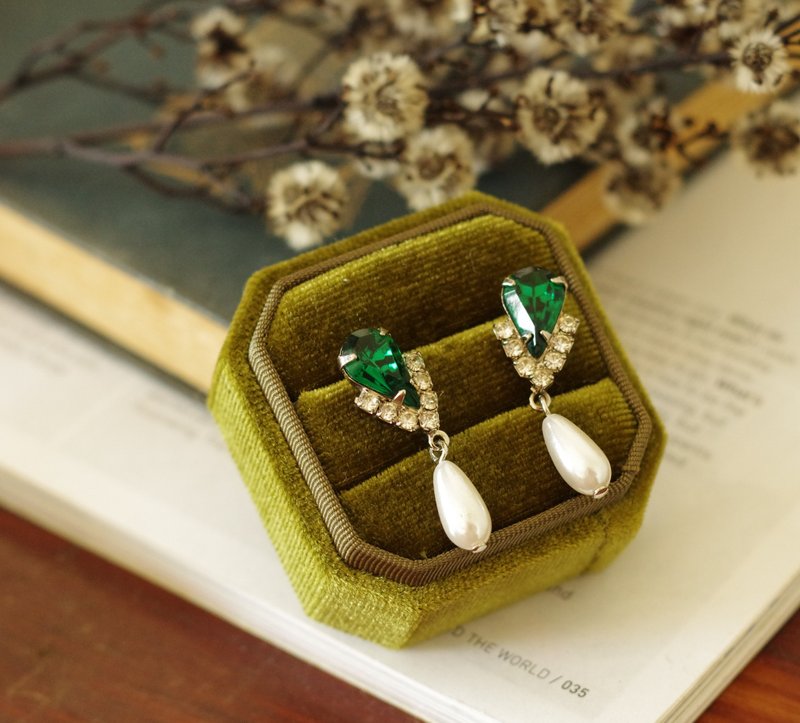 Antique Silver Green Stone Drop Pearl Needle Earrings P392 - ต่างหู - โลหะ สีเงิน