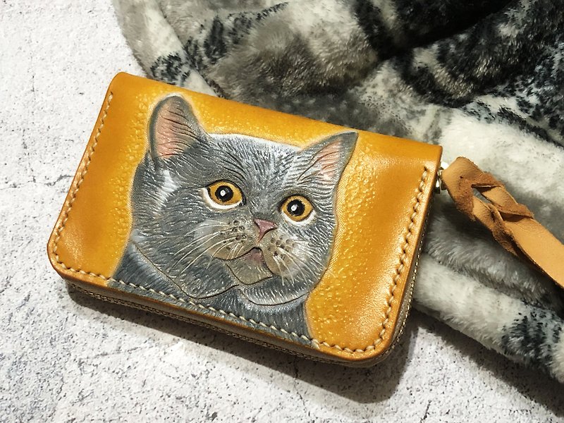 [Customized Gift] Cat Leather Carving Short Clip Wallet Leather Full Hand Sewing Hand Dyed - กระเป๋าสตางค์ - หนังแท้ สีส้ม