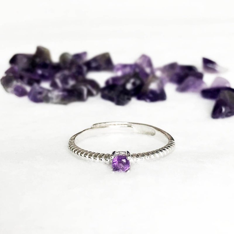 |純銀珠寶|紫水晶 925純銀鑲嵌寶石圓形四爪經典麻花戒指 - 戒指 - 寶石 紫色