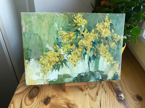 AnaMuStudio Mimosa painting Original art A4 size oil canvas Miniature artwork 8x11 inch by A