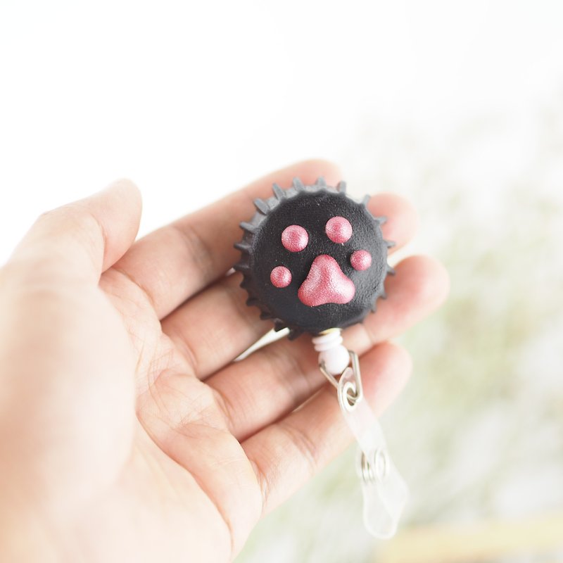 Leather cat's paw shape pink meat ball black retractable document holder nurse clip easy pull buckle - ID & Badge Holders - Genuine Leather Black