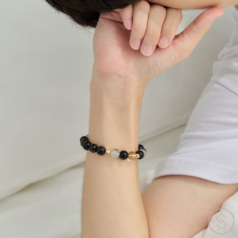 Yelan|Golden Stone Black Hair Quartz Citrine|Men's Crystal Bracelet - สร้อยข้อมือ - คริสตัล สีดำ