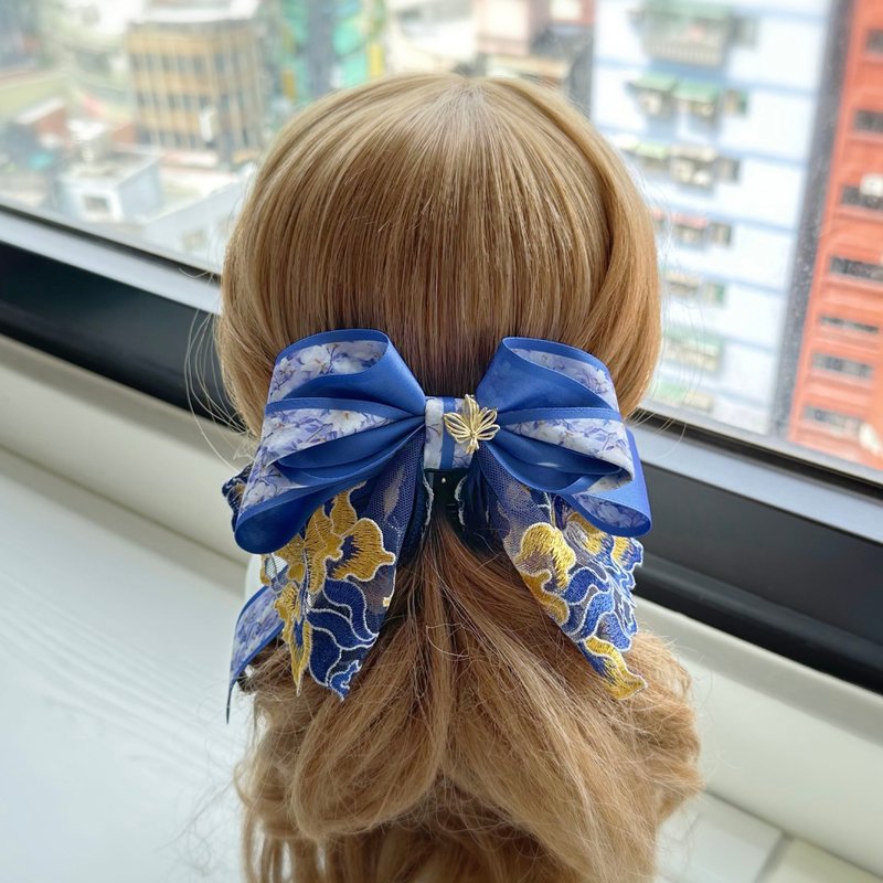 Exclusive lace bow intersecting clip banana clip fairy clip hair clip - antique royal blue - Hair Accessories - Other Materials Blue