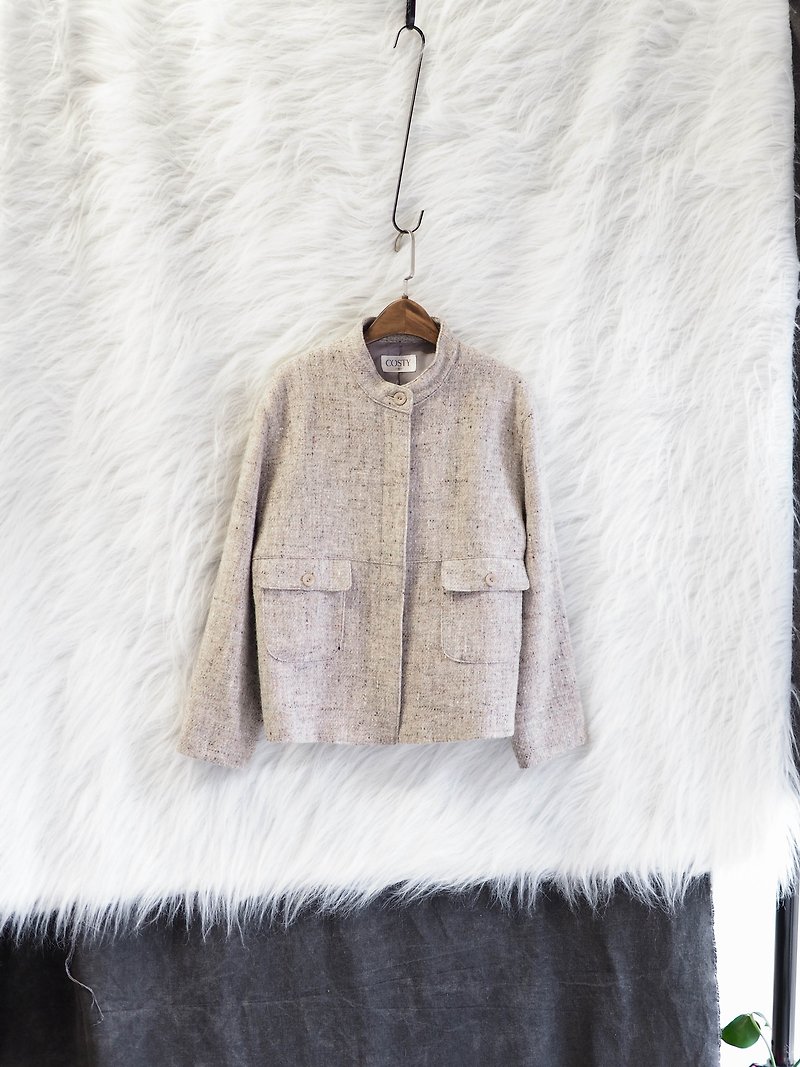 Miyagi rice gray mixed weaving love day winter girl antique wool quality buckle coat vintage - เสื้อแจ็คเก็ต - ขนแกะ สีเทา
