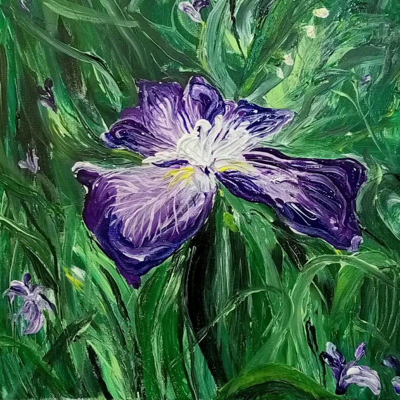 Violet Iris Flower Original Painting Impasto Floral Decor Vibrant color Scenery - Wall Décor - Other Materials Green