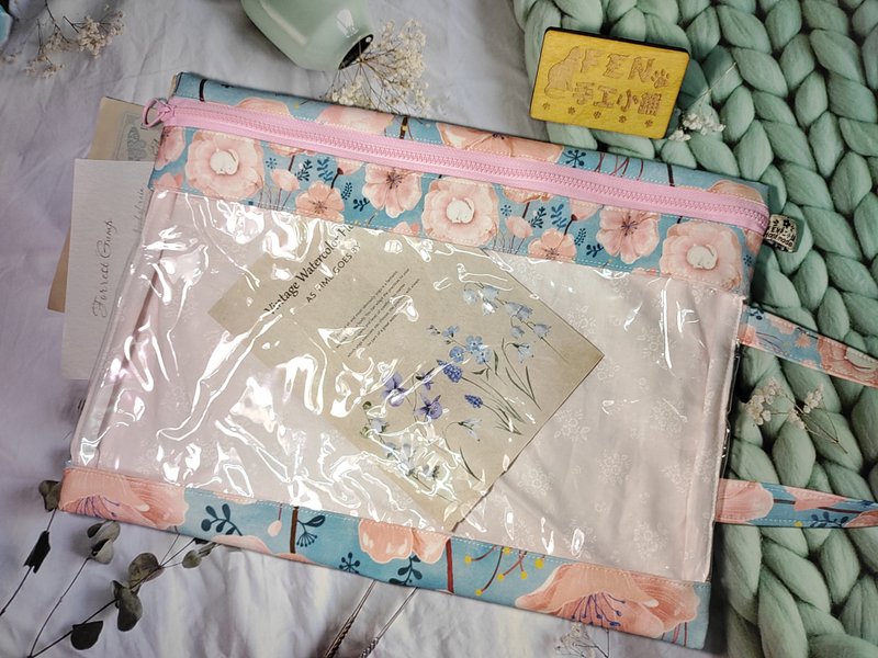 クリアバッグシリーズ - 台湾デザイナーカラーインクジェット - ピンクの花芽ウサギ柄、軽い撥水加工のオックスフォードクリアバッグ - トートバッグ・ハンドバッグ - コットン・麻 