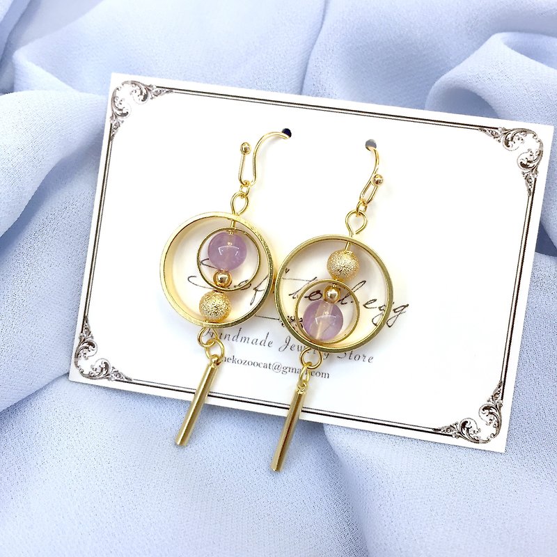 Little Spinning planet Amethyst Earrings with 18k dangle earrings - ต่างหู - คริสตัล สีทอง