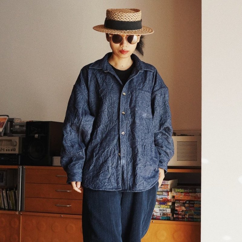 藍色肌理褶皺 磨毛口袋款復古長袖襯衣 羊毛面料 秋冬中性 - 女上衣/長袖上衣 - 羊毛 藍色