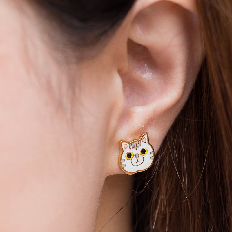 Tabby King Cat Ear Pins and Clip-On, a birthday gift for cat cat lover - Earrings & Clip-ons - Enamel White