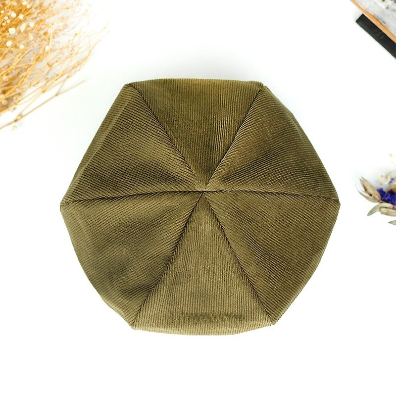 Handmade cap men and women double-sided berets artist hat custom neutral simple wild color [feel corduroy] army green [B-20] - Hats & Caps - Cotton & Hemp Green