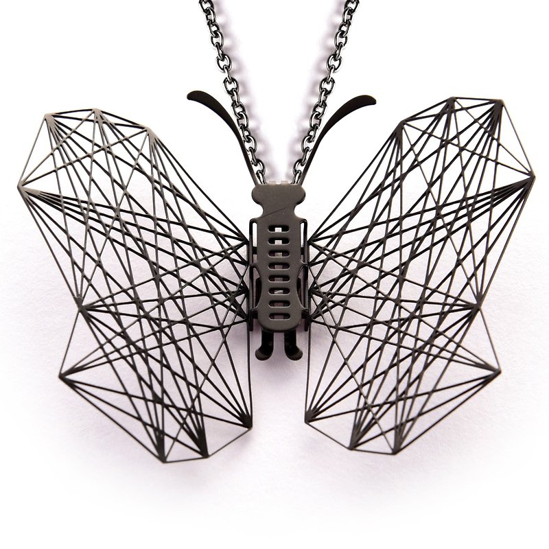 Changeable Wing Butterfly Necklace Geometric (Black) Medical Grade Thin Steel Jewelry Non-allergic Long Chain Gift - สร้อยคอ - โลหะ สีดำ