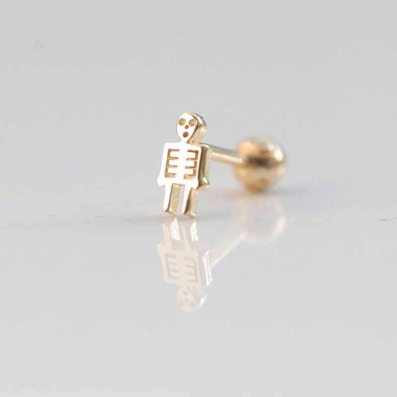 14K 金骷髏鎖珠耳環(單個) 耳骨 耳窩 碰水洗澡流汗不褪色 - 耳環/耳夾/耳骨夾 - 貴金屬 金色