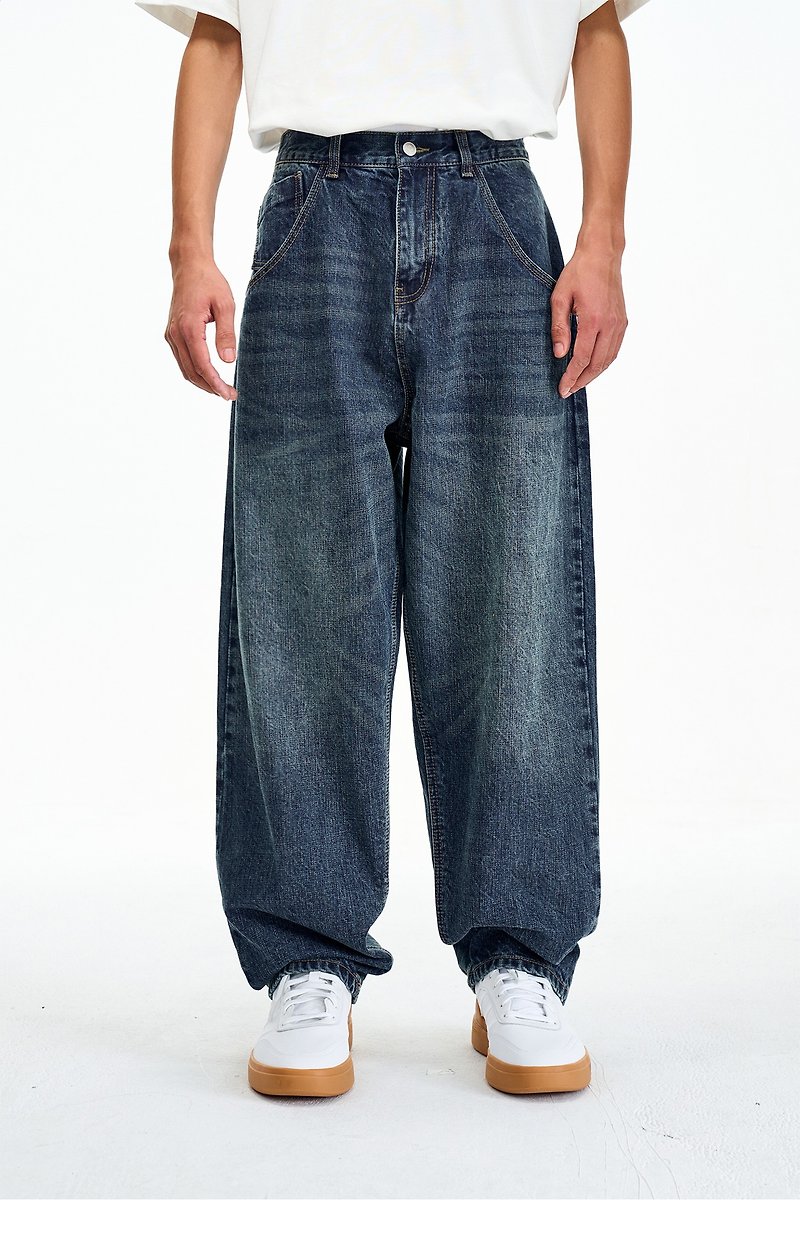 Japanese retro red ear denim washed jeans men's loose fitting trend casual pants - Men's Pants - Cotton & Hemp Blue