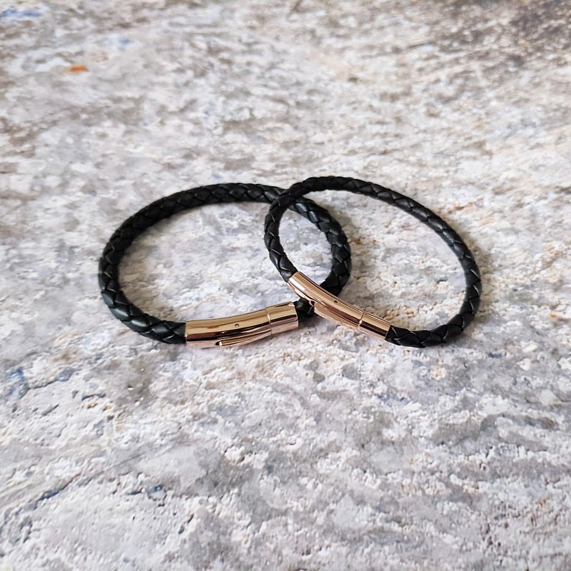 Couple bracelet stainless steel rose gold fastener black leather braid (pair) - สร้อยข้อมือ - หนังแท้ สีดำ