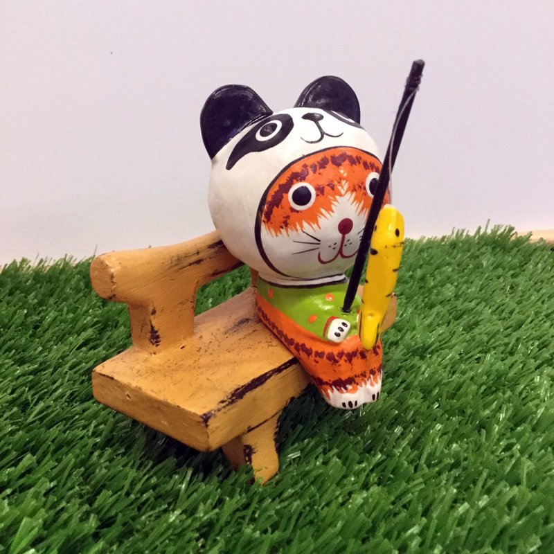 3猫屋動物モデル猫釣り木彫り-パンダ（椅子なし） - 置物 - 木製 
