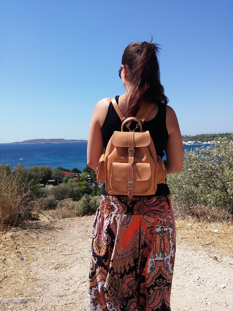 Medium Size Leather Backpack from Full Grain Leather Handmade in Greece. - Backpacks - Genuine Leather Brown