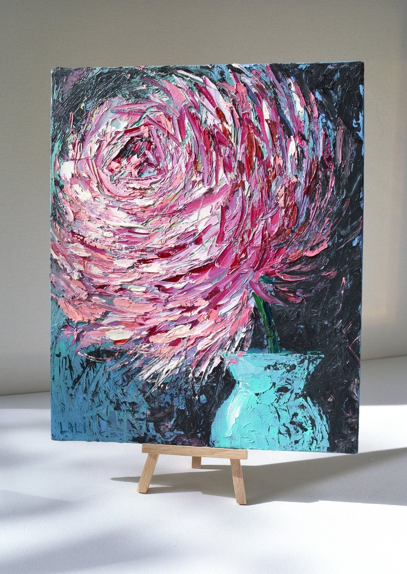 Aster Original Oil Painting impasto ภาพวาดสมัยใหม่ดอกไม้สีชมพู 30x24ซม - วาดภาพ/ศิลปะการเขียน - วัสดุอื่นๆ สึชมพู