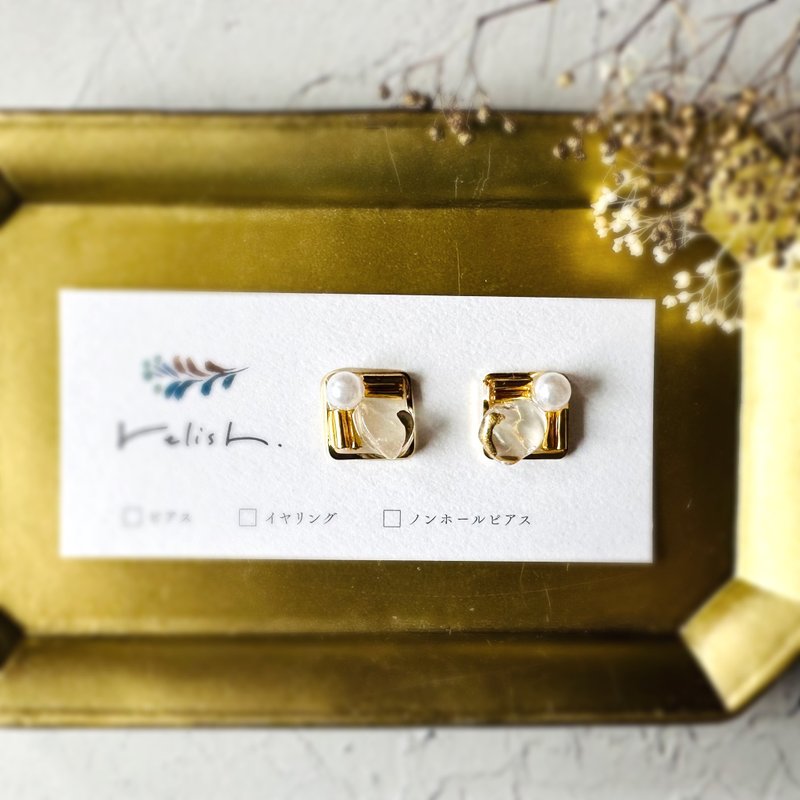 [Resale] Gorgeous Kintsugi Crystal Gold Square Frame Clip-On Non-pierced Earrings Pearl 18K Beads Gold - Earrings & Clip-ons - Stone Gold