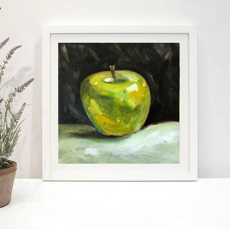 Green Apple Original oil painting wall art hand painted 6 x 6 inches - 壁貼/牆壁裝飾 - 其他材質 綠色