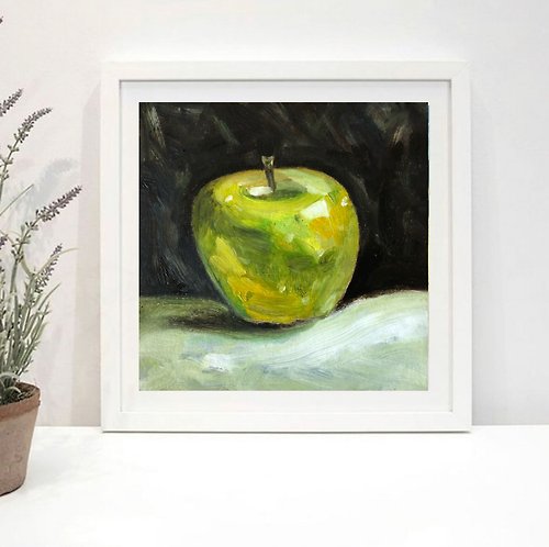 Alisa-Art Green Apple Original oil painting wall art hand painted 6 x 6 inches