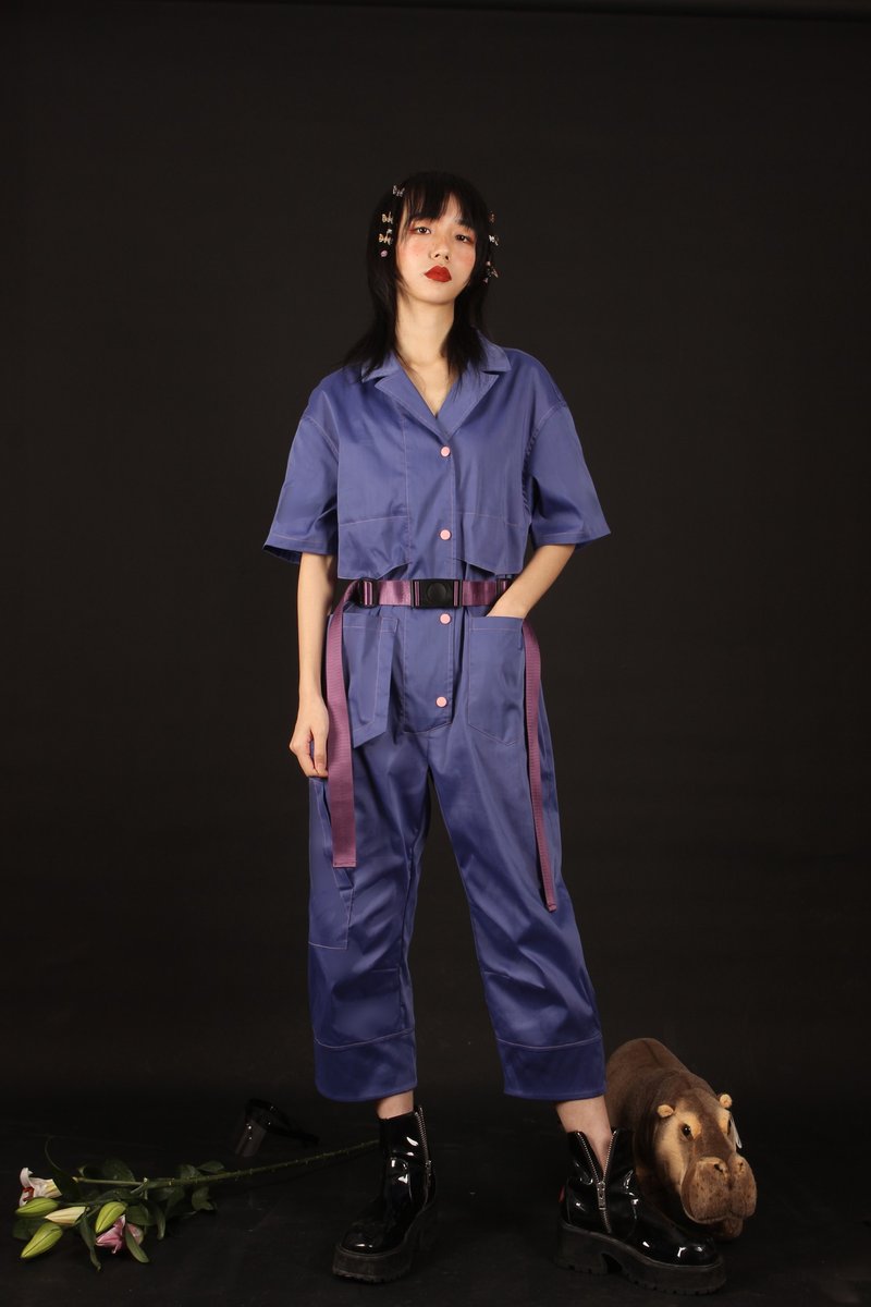 原創設計春夏帥氣酷女孩工裝風格重工刺繡群青藍連體褲 - 女長褲 - 其他人造纖維 藍色