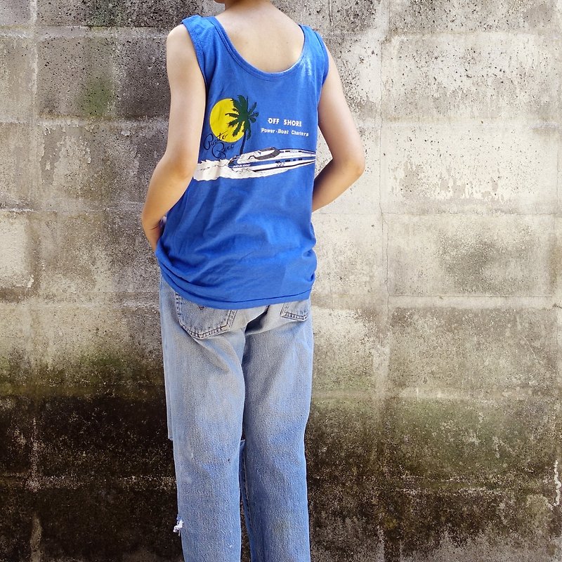 BajuTua/古著/ 70's 美國製 快艇度假風背心 - T 恤 - 棉．麻 藍色