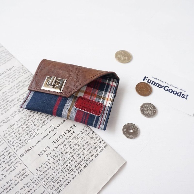 Madras check adult coin case 【Navy × Red】 - กระเป๋าใส่เหรียญ - ผ้าฝ้าย/ผ้าลินิน สีแดง
