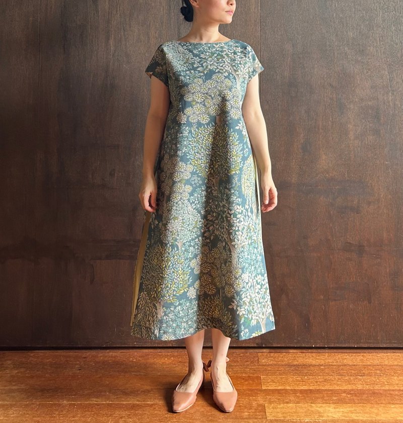 French Sleeve Combination Dress　Quiet Forest /Light Beige - 洋裝/連身裙 - 棉．麻 綠色