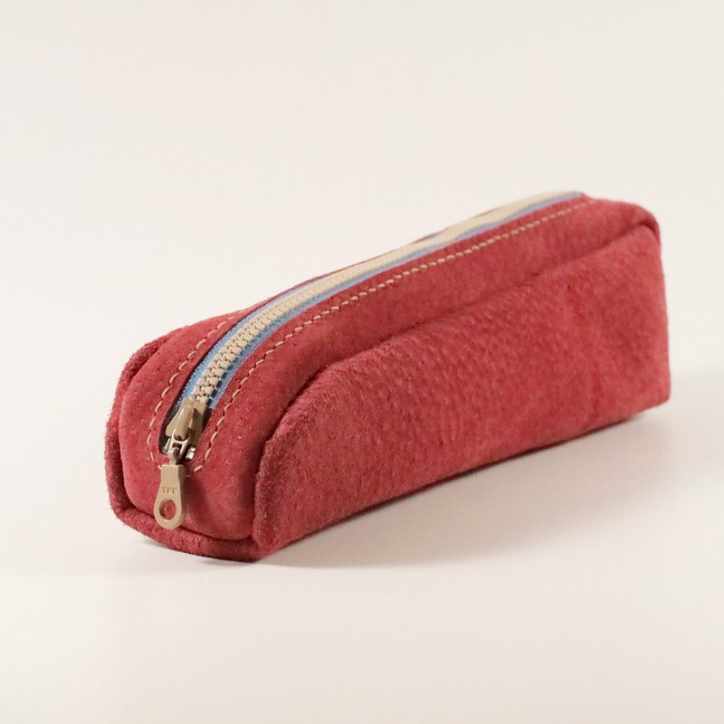 European bread two-color suede zipper pencil case/storage bag - plum red + blueberry - กล่องดินสอ/ถุงดินสอ - หนังแท้ สีแดง