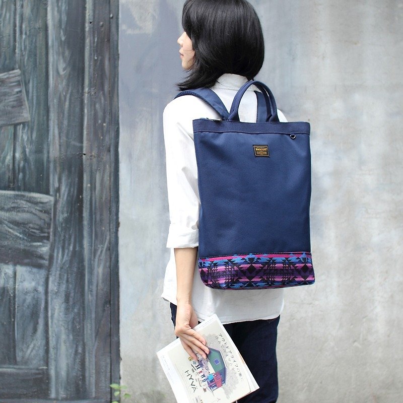 Nylon Totem Portable Backpack(15'' Laptop OK)-Navy w/ fushia pattern_100441 - Backpacks - Waterproof Material Blue
