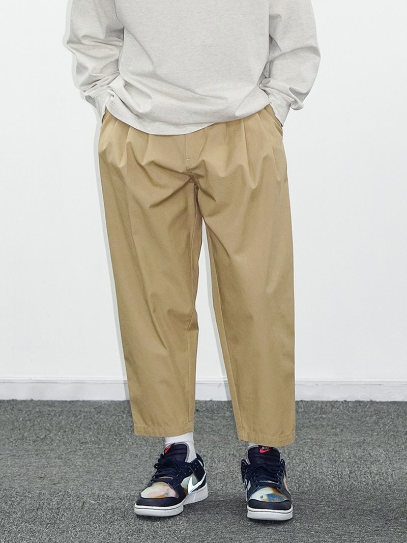 Retro washed loose tapered triple pleated casual cropped pants - กางเกงขายาว - ผ้าฝ้าย/ผ้าลินิน สีดำ