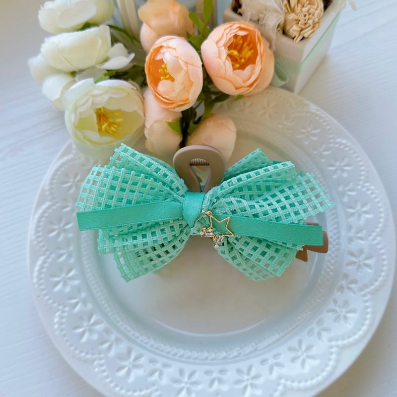 Mesh Bow Clip Shark Clip Hair Clip Hair Accessory - Mint Green - เครื่องประดับผม - วัสดุอื่นๆ สีเขียว