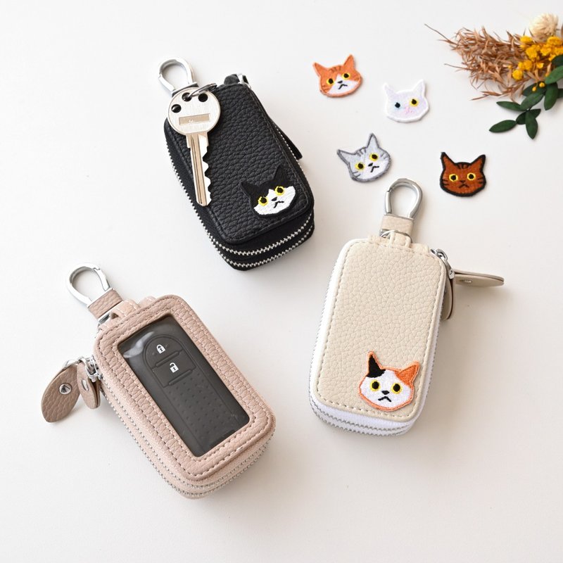 2個収納 スマートキーケース ダブル 【 刺繍 ワッペン 猫 】 スマートキー キーケース くすみカラー アニマル ペット プレゼント A225I - 鑰匙圈/鑰匙包 - 真皮 黑色