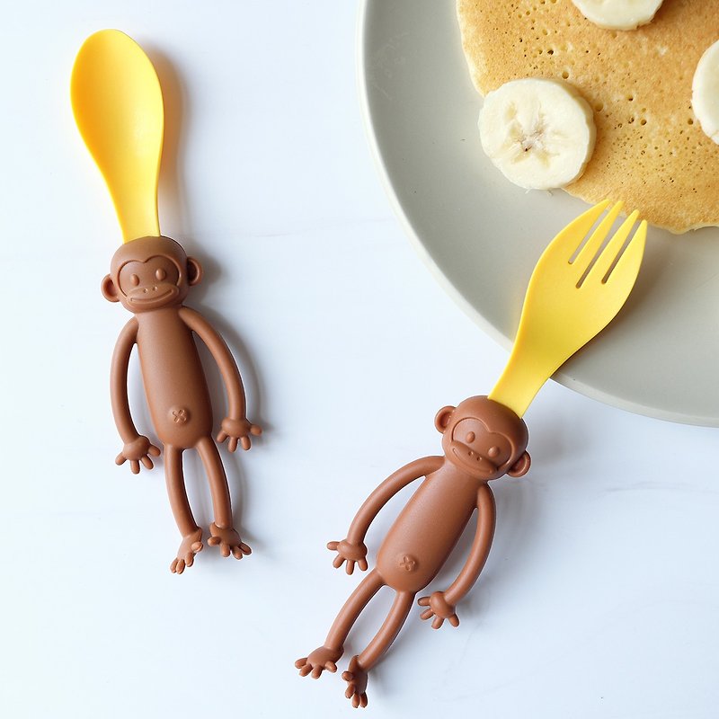 Monkey Spoon & Fork Set │ children / tableware / picnic - Cutlery & Flatware - Silicone Brown