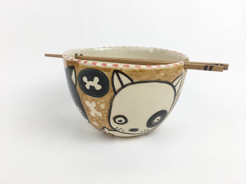 Nice Little Clay handmade bowl _ cute dog black wheel dog hyena 0201-04 - ถ้วยชาม - ดินเผา สีกากี