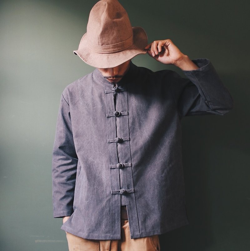 Omake Chinese knot Denim Shirt - เสื้อเชิ้ตผู้ชาย - ผ้าฝ้าย/ผ้าลินิน สีเทา