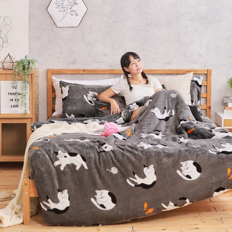 Duvet cover set (dual-purpose blanket and quilt cover)-Double / Flannel four-piece / Milu Ke Meow - Bedding - Other Materials Gray