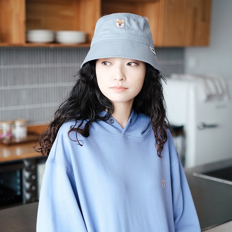 【PJai the Shiba】Embroidery Bucket Hat - Grey Blue//Dark Grey (AH243) - Hats & Caps - Cotton & Hemp Blue