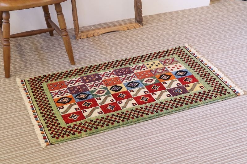 Light green hand-woven carpet Handmade rug Entrance mat Wool & plant dyed 103 x 61 cm - Rugs & Floor Mats - Other Materials Green