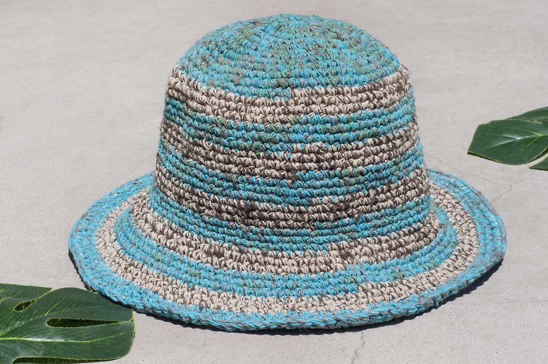 Hand-woven cotton Linen hat knit cap hat sun hat straw hat - blue striped cap universe Planet - หมวก - ผ้าฝ้าย/ผ้าลินิน สีน้ำเงิน