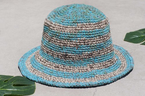 omhandmade 手工編織棉麻帽 編織帽 漁夫帽 遮陽帽 草帽-藍色星球宇宙 條紋帽