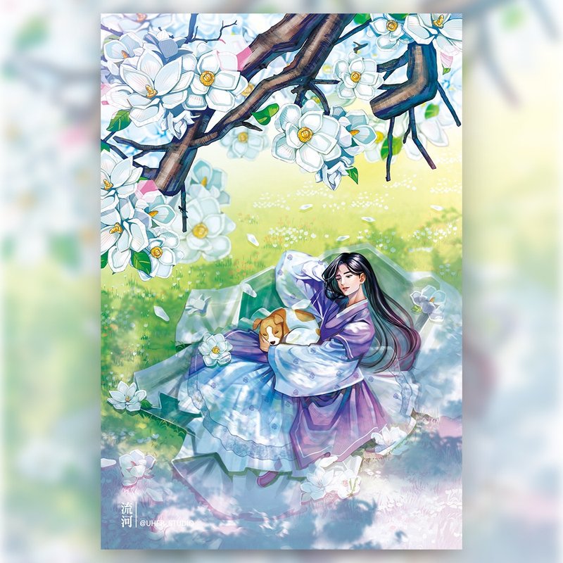Magnolia and scholar - boy Korean Hanbok illustrated postcard (uha) - 卡片/明信片 - 紙 多色