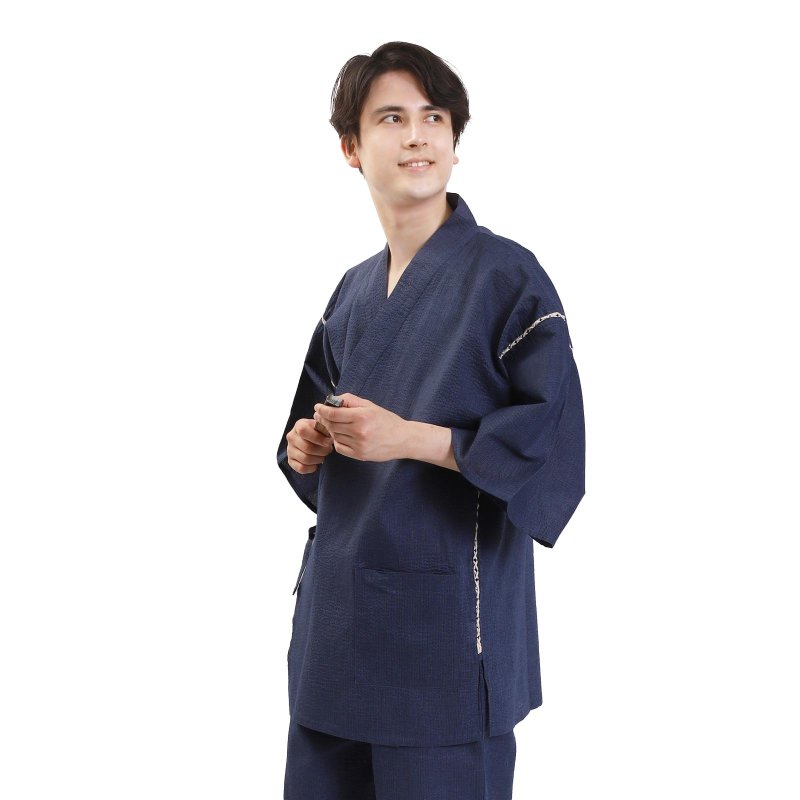日本 和服 男士 綿麻 甚平 休閒服 睡衣 成套組 M L LL wn06 - 睡衣/居家服 - 棉．麻 黑色