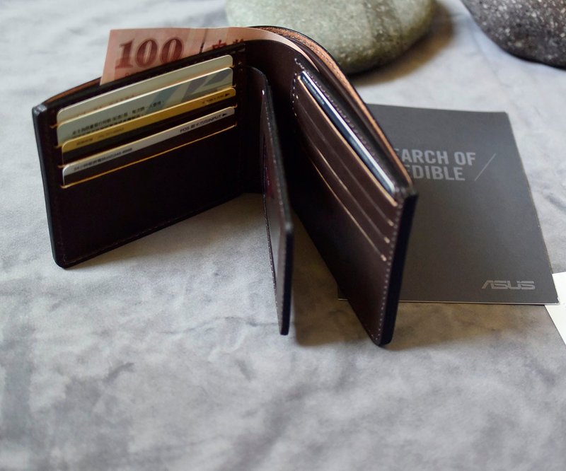 Genuine leather 8-card double banknote pocket with short clip PLUS double ID pocket - กระเป๋าสตางค์ - หนังแท้ 