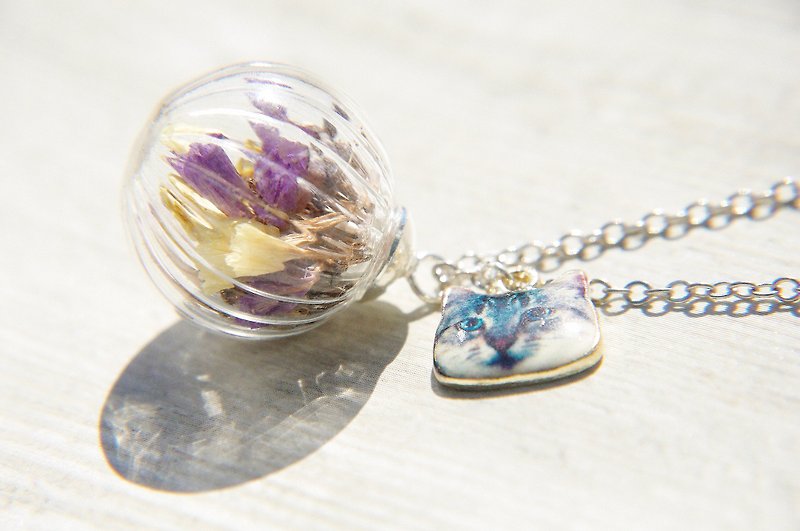 แก้ว สร้อยคอยาว สีม่วง - Valentine's Day Gift / Forest Series / French Dry Flower Glass Necklace Clavicle Chain Short Chain Long Chain-Purple + Lavender + Yellow Lover's Grass + Lavender + Cat