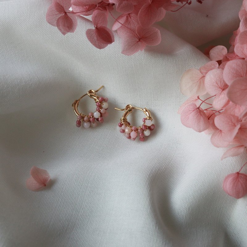 [Mother's Day Gift] - Dried rose powder opal rose Stone small hoop earrings and earrings - Earrings & Clip-ons - Gemstone Pink